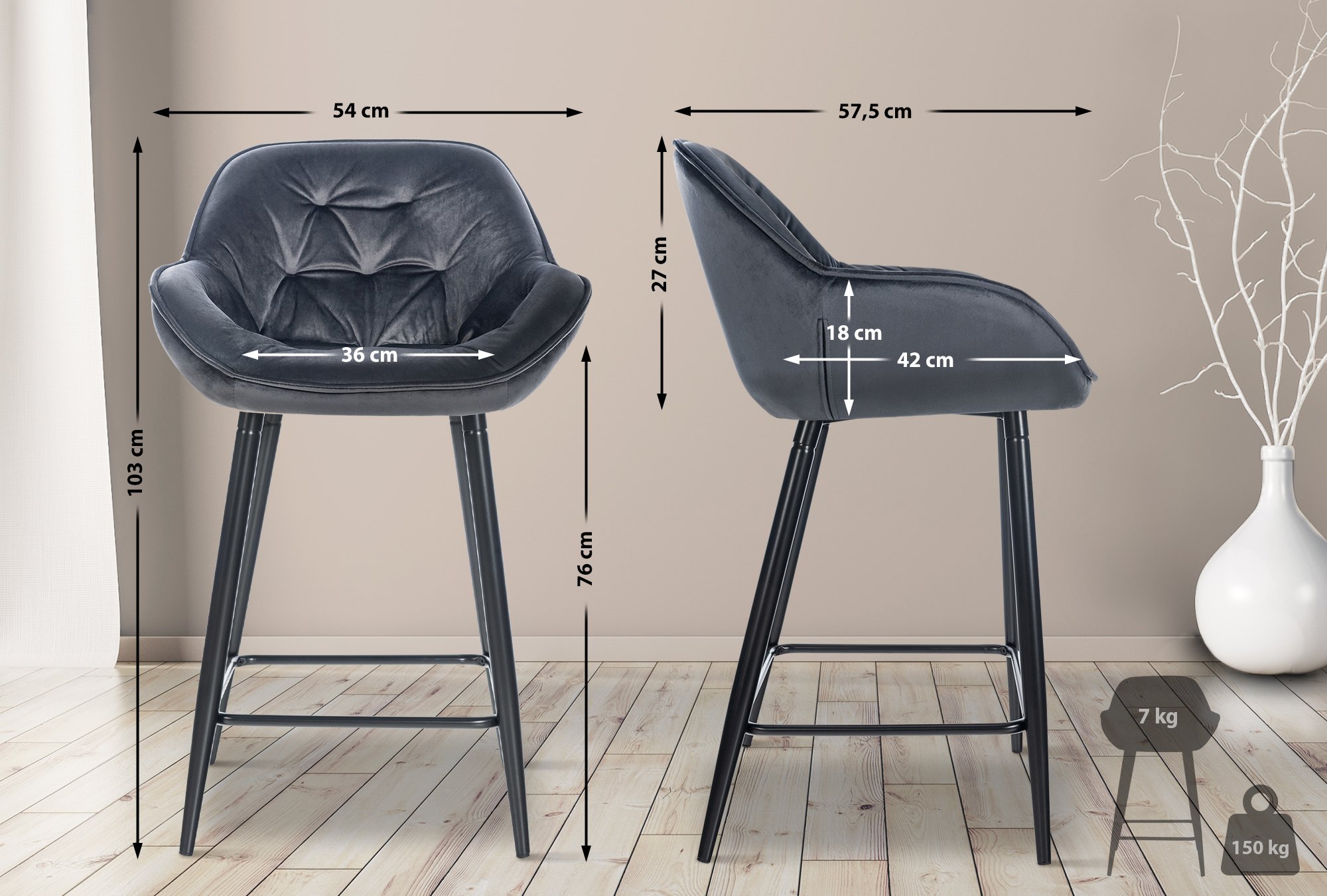 Sgabello da bar Gibson in velluto altezza seduta 76 cm
