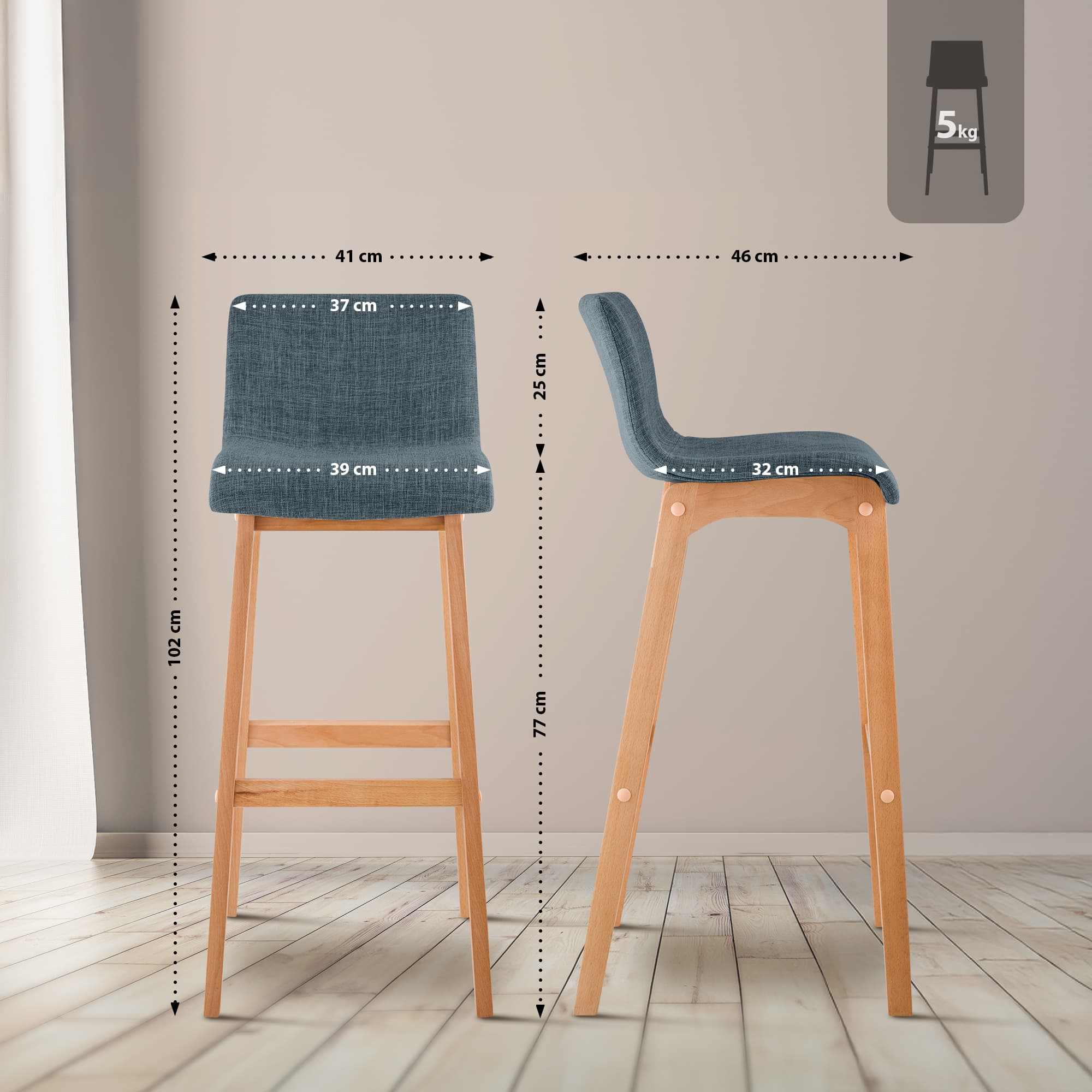 Set di 2 sgabelli da bar Hover in tessuto con base a quattro gambe in legno naturale