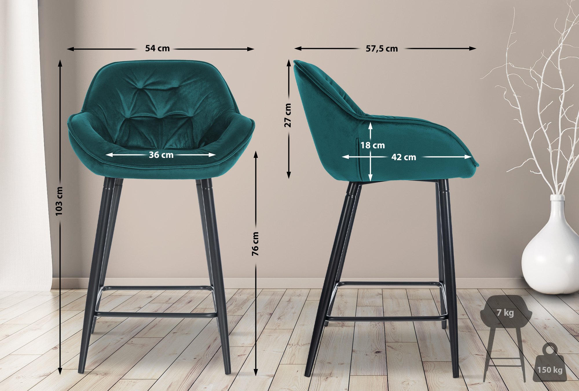 Set di 2 sgabelli da bar Gibson in velluto con altezza seduta 76 cm