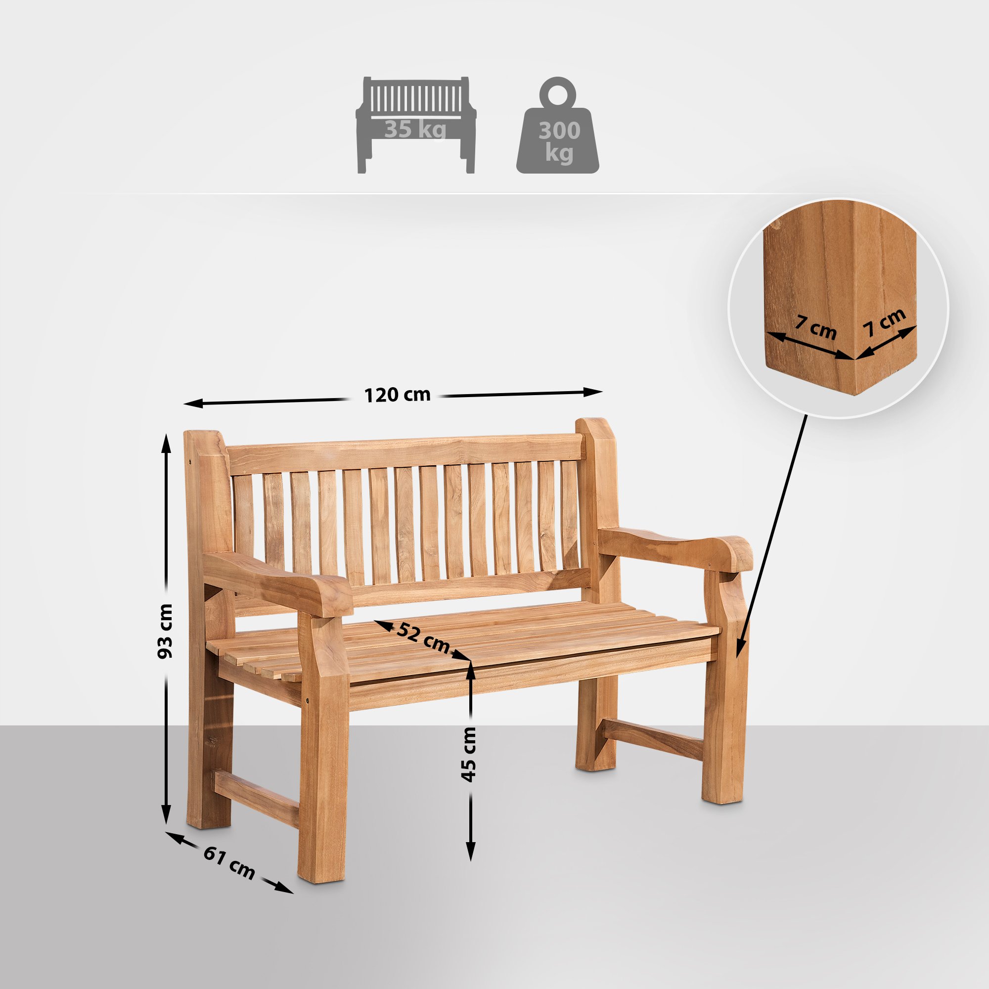 Panca in teak 120 cm con copertura