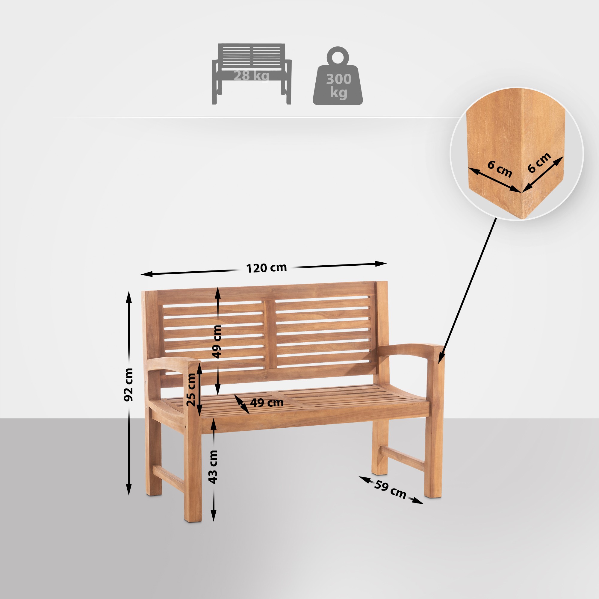 Panca in teak 120 cm con copertura