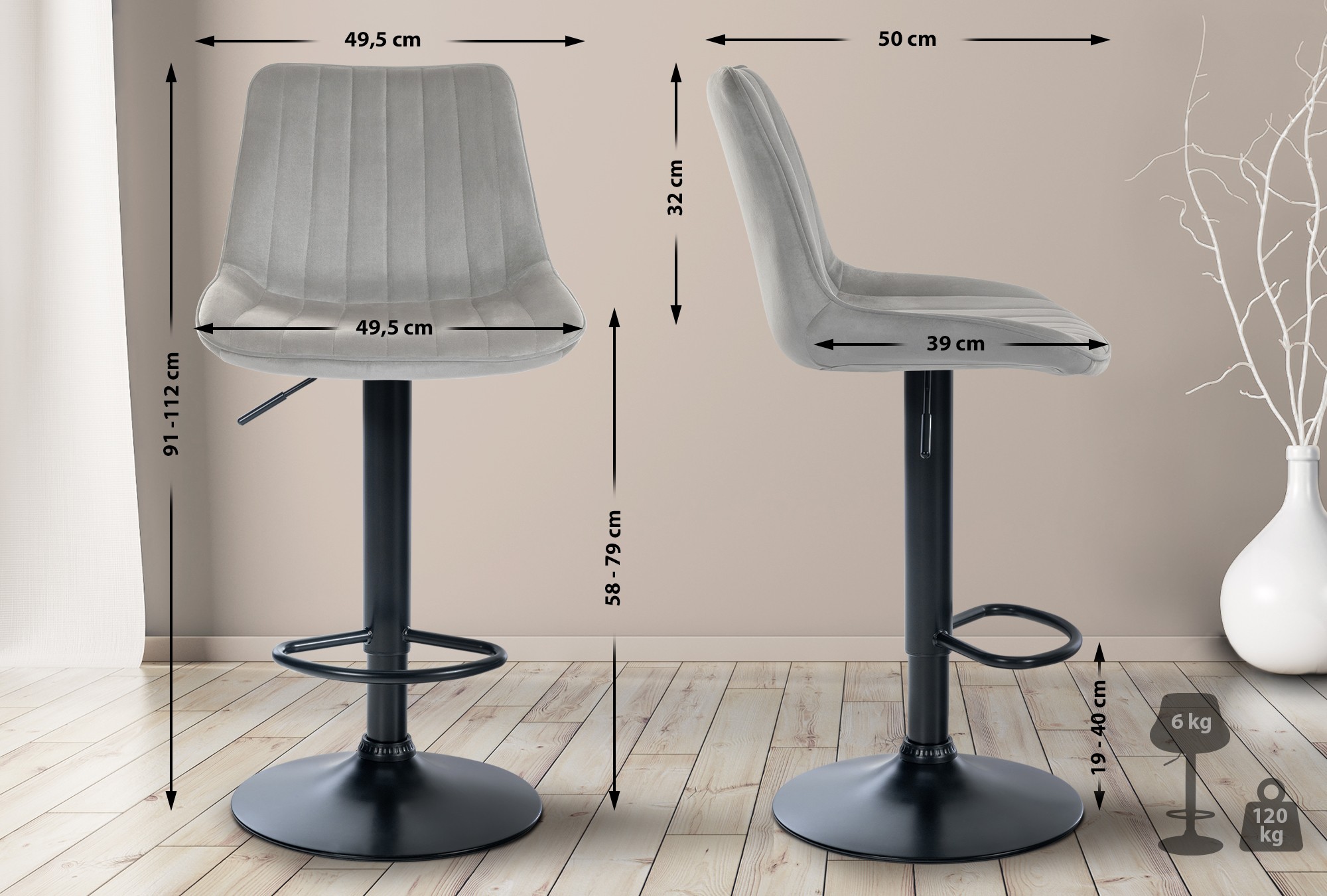 Sgabello da bar Toni velluto elegante, comodo e resistente, ideale per cucina o locale, design moderno per ogni ambiente