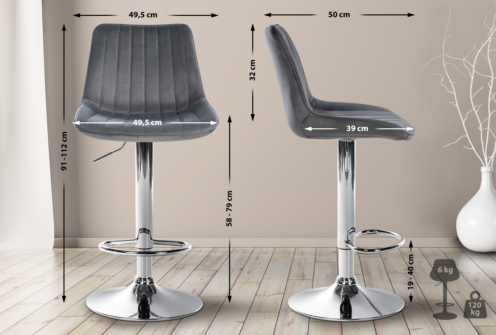Sgabello da bar Toni velluto elegante, comodo e resistente, ideale per cucina o locale, design moderno per ogni ambiente